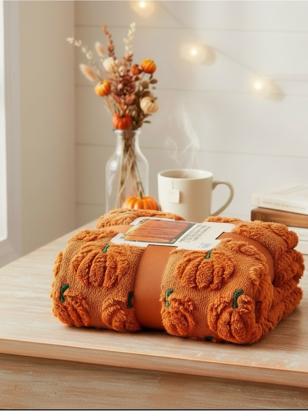 TikTok Viral Costco Orange Pumpkin Knit Throw Blanket with Green Accents